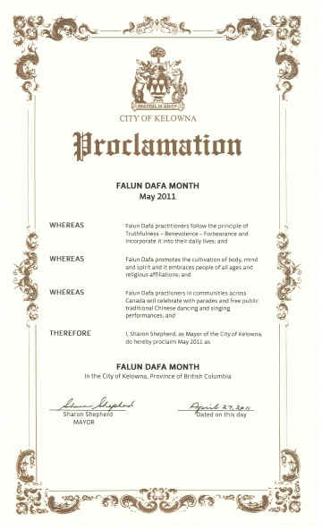 Image for article Au Canada, la ville de Kelowna en Colombie Britannique déclare le mois de mai 2011 « Mois du Falun Dafa »